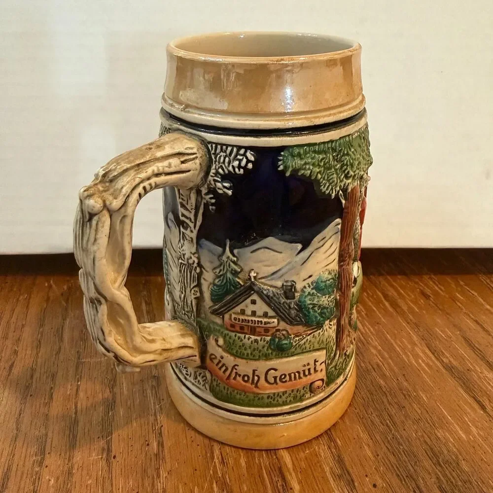 Vintage German Beer Stein AT Original Relief Alpine Scene Ceramic Mug 5